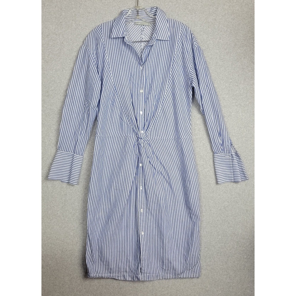 Vince Blue White Striped Twist Front Long Sleeve Shirt Dress Cotton Silk Size 12
